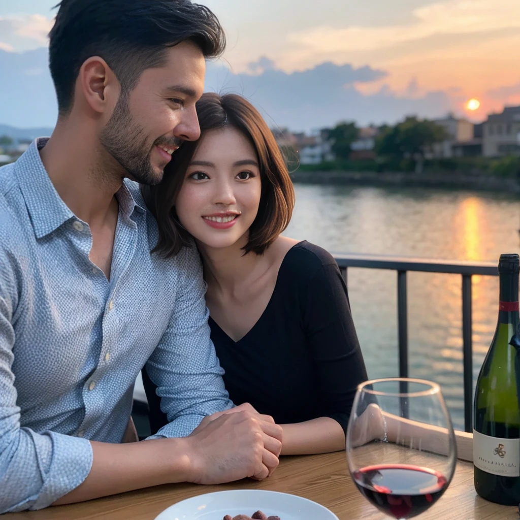 ((Highest quality、8k、masterpiece:1.3))、 (Genuineistic, Genuine、Bright image、Intricate details:1.2), 最高のsmile 男性1人 女性1人、Beautiful Couple、spouse、Couple、spouse、Beautiful Couple、smile、Full-course dinner at a packed table、テーブルにwine glass、 (Slim face), (the body is slim), (Brown Hair), (short hair), Please shine a light on my face、 Amazing view of the sunset sky and clouds、 (age 34), 39 years old, red wine 、Wine bottle、sparkling wine、Long sleeve shirt、dress、White wine, red wine, wine glass,