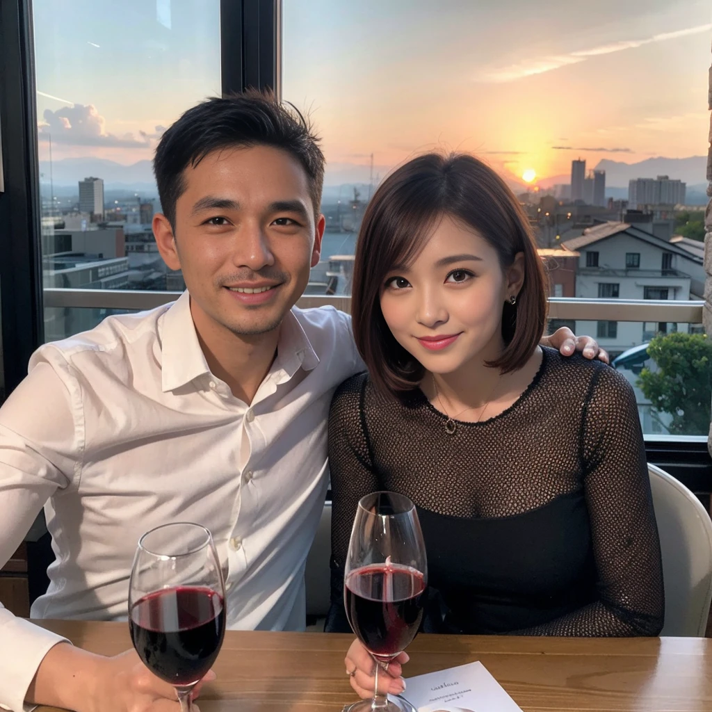 ((Highest quality、8k、masterpiece:1.3))、 (Genuineistic, Genuine、Bright image、Intricate details:1.2), 最高のsmile 男性1人 女性1人、Beautiful Couple、spouse、Couple、spouse、Beautiful Couple、smile、Full-course dinner at a packed table、テーブルにwine glass、 (Slim face), (the body is slim), (Brown Hair), (short hair), Please shine a light on my face、 Amazing view of the sunset sky and clouds、 (age 34), 39 years old, red wine 、Wine bottle、sparkling wine、Long sleeve shirt、dress、White wine, red wine, wine glass,