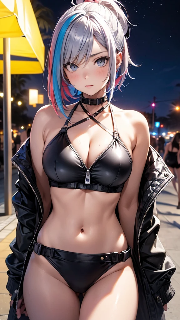 portrait, 1 girl, beautiful face, asymmetrical hair, multi-colored hair, belt, partial unzipped black halter swimsuit and showing clevage, navel, grey eyes, hip vent, cute,back turned, look at viewer, night city beach, neon, 