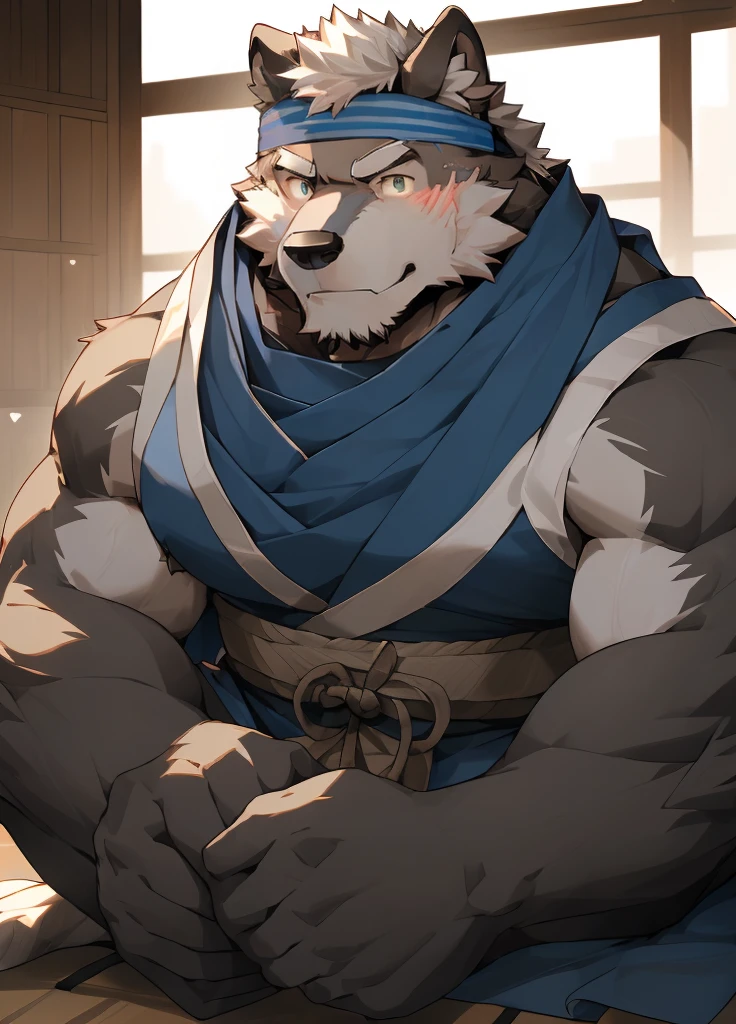 Author: Takemoto Arashi, (1 boy), One, Ahab, bull, brown fur, Two horns, white horns, white beard, back view, crawling position, barely contained, pants, uniform, military, military uniform, peaked cap, Men's Second, kemono, hot body, muscle, Beautiful, sexual, Attractive guy, (Detailed grey eyes), brows, (masterpiece, A high resolution, Best quality), 4K, a male, Ahab portrait, Beautiful shadow, 