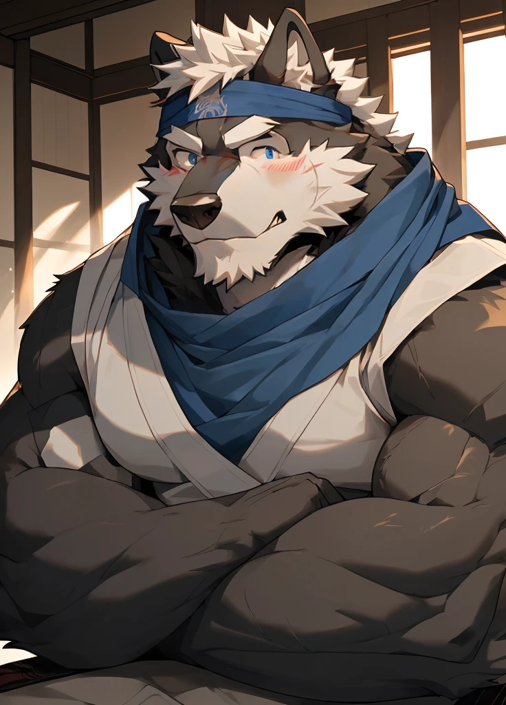 (masterpiece),(Very detailed),(best quality),hairy,Wolf,Dark black fur,white hair,Black eyebrows,Gray pupil,Muscular,(Japan samurai attire),((blue scarf)),((Brown headband)),((Hands together:1.3)),((Close your eyes)),(Pious),((Ultra HD close-up:1.4)),8K,(high quality),(Ultra high quality),(Super detailed),(Best Works)