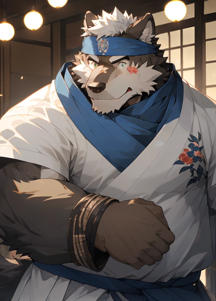 (masterpiece)，(Very detailed)，(best quality)，hairy，Wolf，Dark black fur，white hair，Gray pupil，Muscular，(Japan samurai attire)，((blue scarf))，((Brown headband))，(blush:1.1)，Handsome expression，Room Background，8K，(high quality)，(Ultra high quality)，(Super detailed)，(Best Works)