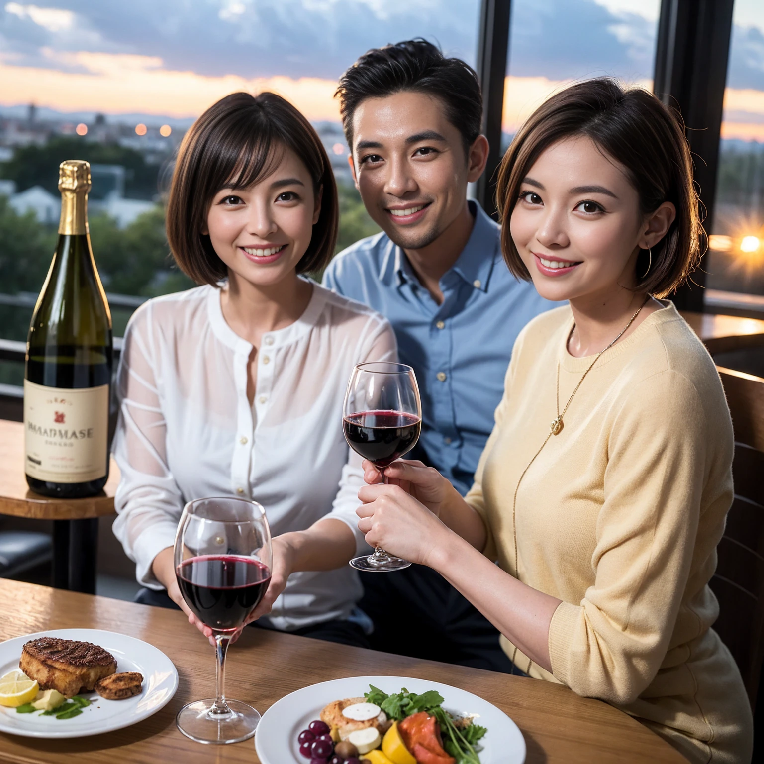 ((Highest quality、8k、masterpiece:1.3))、 (Genuineistic, Genuine、Bright image、Intricate details:1.2), 最高のsmile 男性1人 女性1人、Beautiful Couple、spouse、Couple、spouse、Beautiful Couple、smile、Full-course dinner at a packed table、テーブルにwine glass、 (Slim face), (the body is slim), (Brown Hair), (short hair), Please shine a light on my face、 Amazing view of the sunset sky and clouds、 (age 34), 39 years old, red wine 、Wine bottle、sparkling wine、Long sleeve shirt、dress、White wine, red wine, wine glass, 