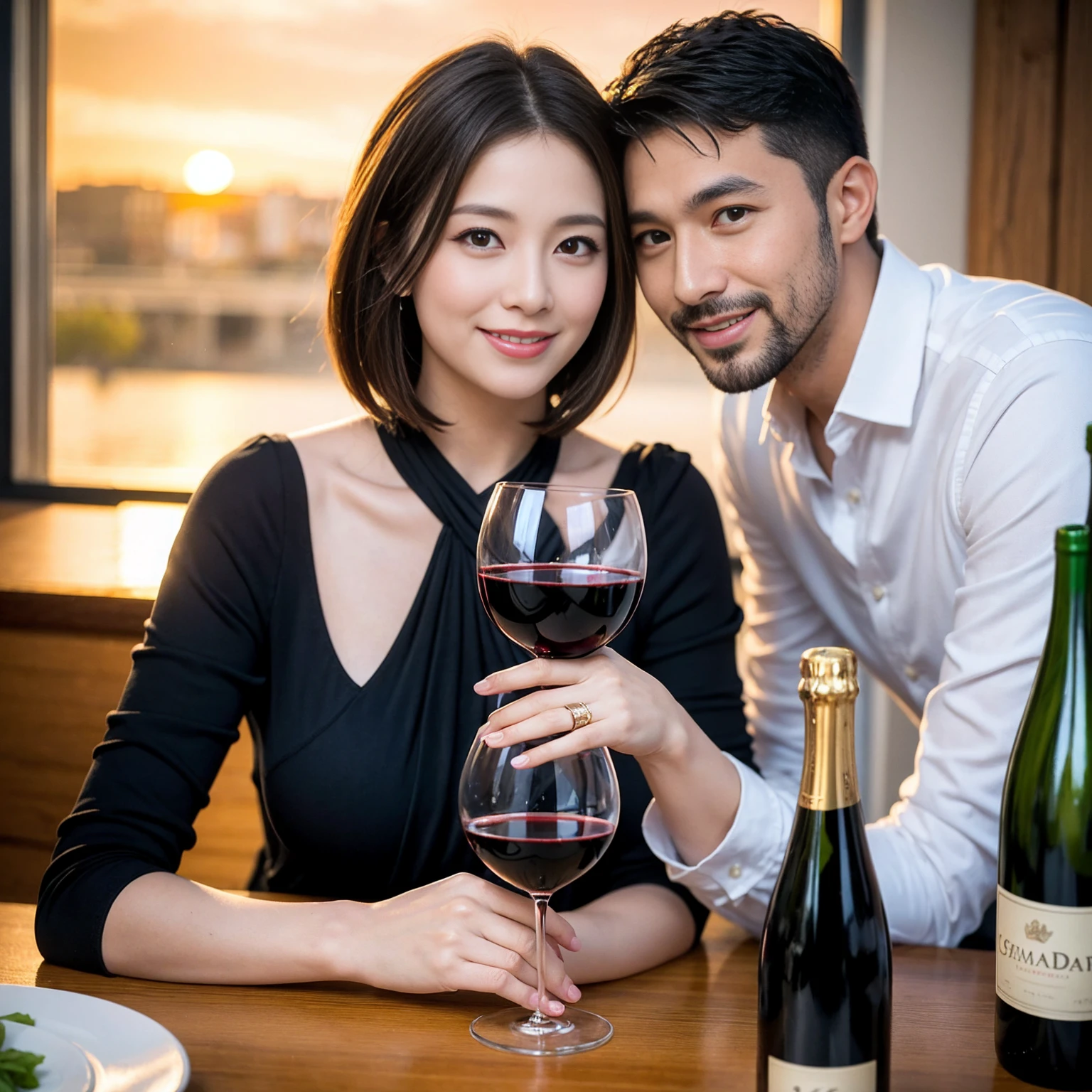 ((Highest quality、8k、masterpiece:1.3))、 (Genuineistic, Genuine、Bright image、Intricate details:1.2), 最高のsmile 男性1人 女性1人、Beautiful Couple、spouse、Couple、spouse、Beautiful Couple、smile、Full-course dinner at a packed table、テーブルにwine glass、 (Slim face), (the body is slim), (Brown Hair), (short hair), Please shine a light on my face、 Amazing view of the sunset sky and clouds、 (age 34), 39 years old, red wine 、Wine bottle、sparkling wine、Long sleeve shirt、dress、White wine, red wine, wine glass,