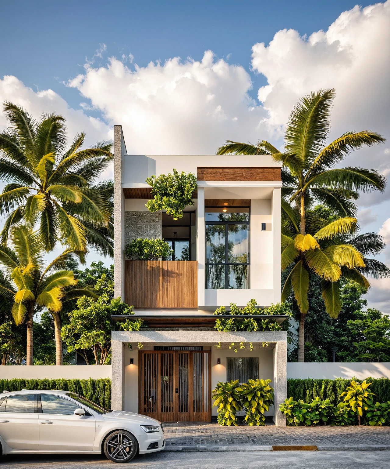 Masterpiece, high quality, best quality, authentic, super detailed, outdoor, aiaigroup, modern 2-storey townhouse style, stairs, white wall combined with wood, wind encaustic tiles, iron gate, ceiling conwood, flowers, path, summer evening, grass, trees, sky, clouds, (daylight: 1.1)