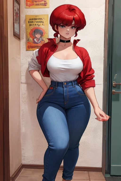Female Ranma Saotome. red hair. small saggy breats. huge hips. choker. jeans. shirt