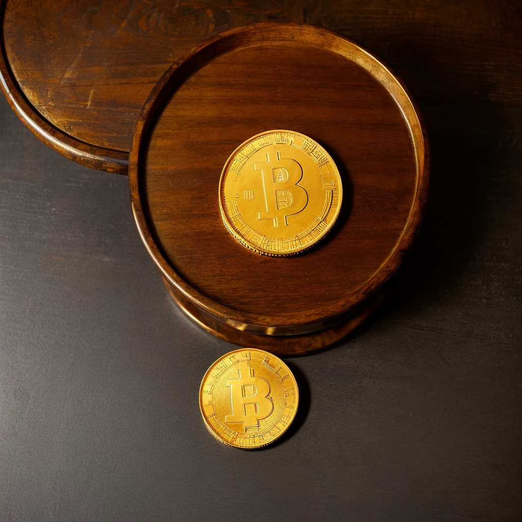 ((1 big gold coin)),The background is a wooden table,from above