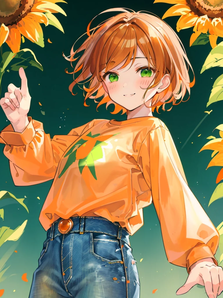 masterpiece、Highest quality、Super detailed、Very delicate、solo、One boy、1 male、(Orange brown hair:1.25),(Fluffy hair:1.2),(short hair:1.2),(Center parted bangs),sunflower,(Green Eyes:1.4),(blush)、smile,(Long sleeve shirt:1.25),(denim:1.35),