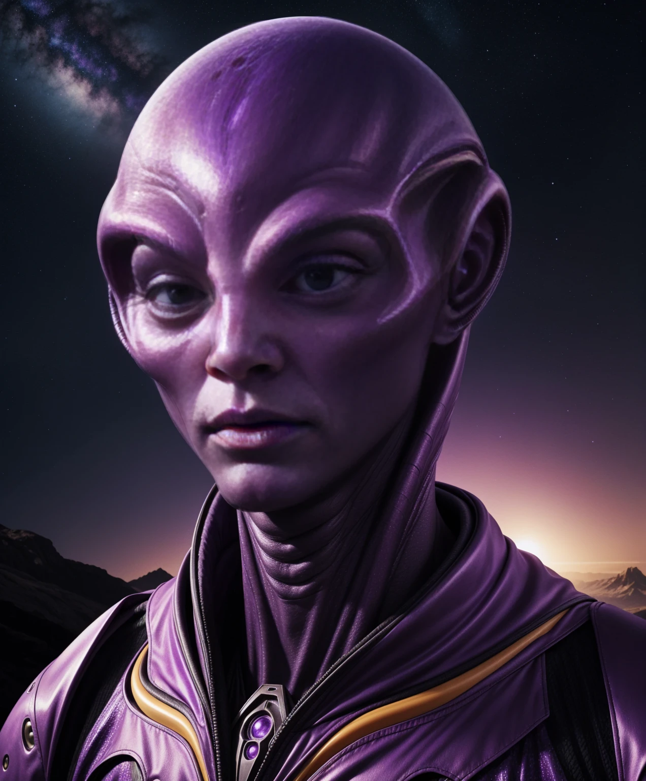 alien extraterrestrial persons exotic aliens purple amber cosmic scenery landscape full face portrait
