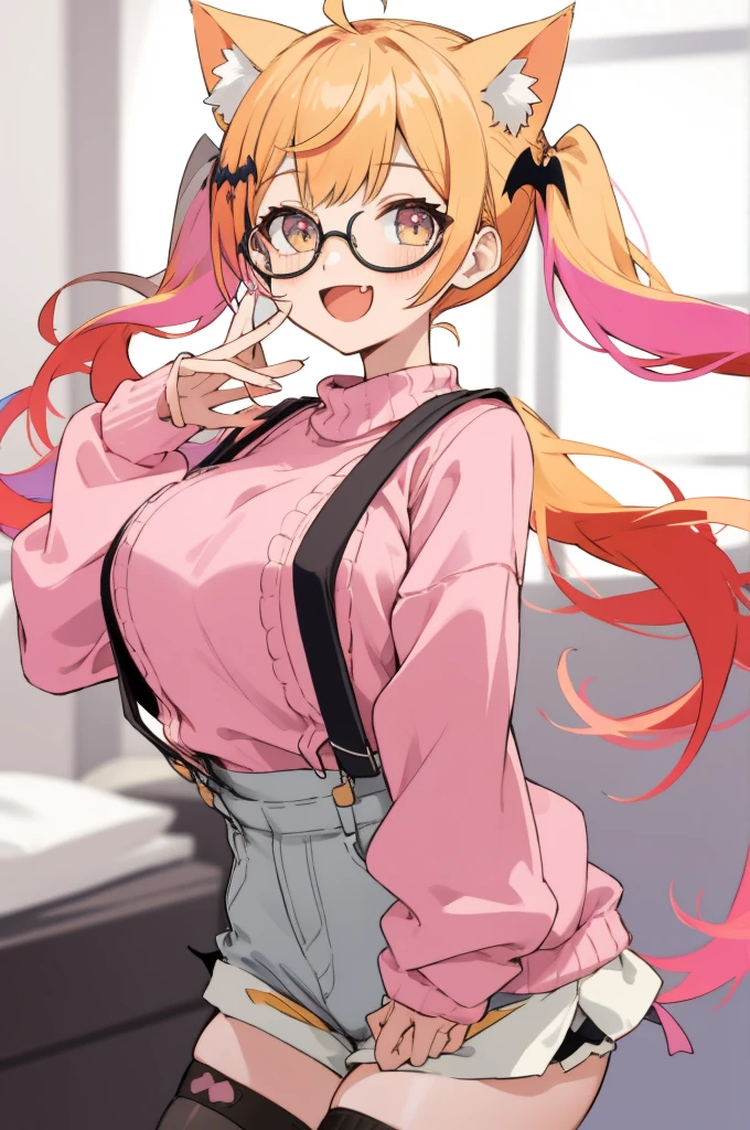 2d, masterpiece, best quality, anime, highly detailed face, highly detailed eyes, highly detailed background, perfect lighting, , 1girl, solo, bedroom, yozora mel, vampire, head wings, twintails, long hair, multicolored hair, ahoge, pink sweater, cat ears, glasses, suspenders, :d ,huge breasts,shorts,thighhighs