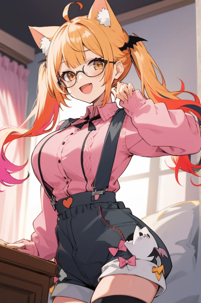 2d, masterpiece, best quality, anime, highly detailed face, highly detailed eyes, highly detailed background, perfect lighting, , 1girl, solo, bedroom, yozora mel, vampire, head wings, twintails, long hair, multicolored hair, ahoge, pink sweater, cat ears, glasses, suspenders, :d ,huge breasts,shorts,thighhighs