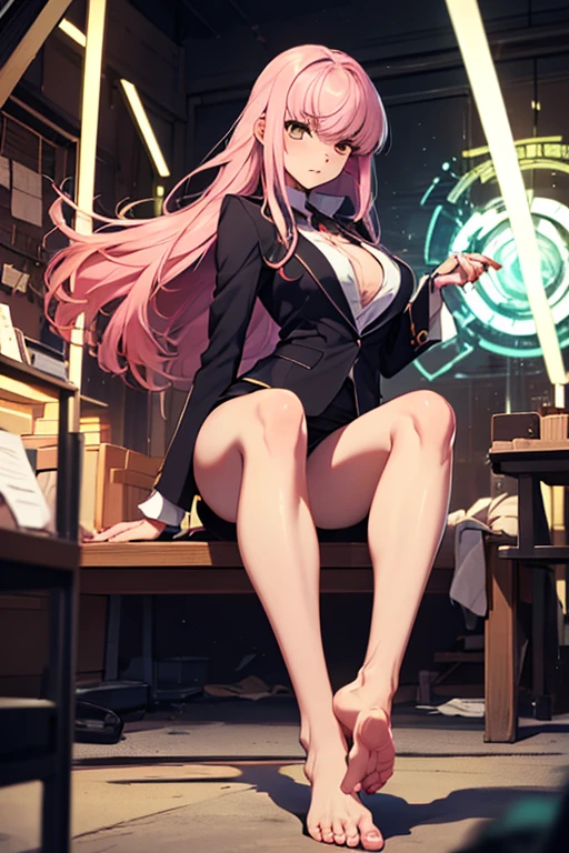 8k wallpaper,Very detailed,((High chroma)),((Highest quality)) ,((Ultra-high resolution)),Browsing Caution,masterpiece,Clear margins,Very beautiful woman in her 20s,slender beautiful body,((1 person)),Very beautiful face,Very beautiful eyes,Very beautiful legs,Very beautiful arms,Very beautiful body,Draw the whole body,Long Hair,Pink Hair,Thin eyebrows,Asymmetrical bangs with hair tucked behind one ear,Uses magic,decisive battle,battle,force,energy,(Clothing of office workers,barefoot,)Combat readiness