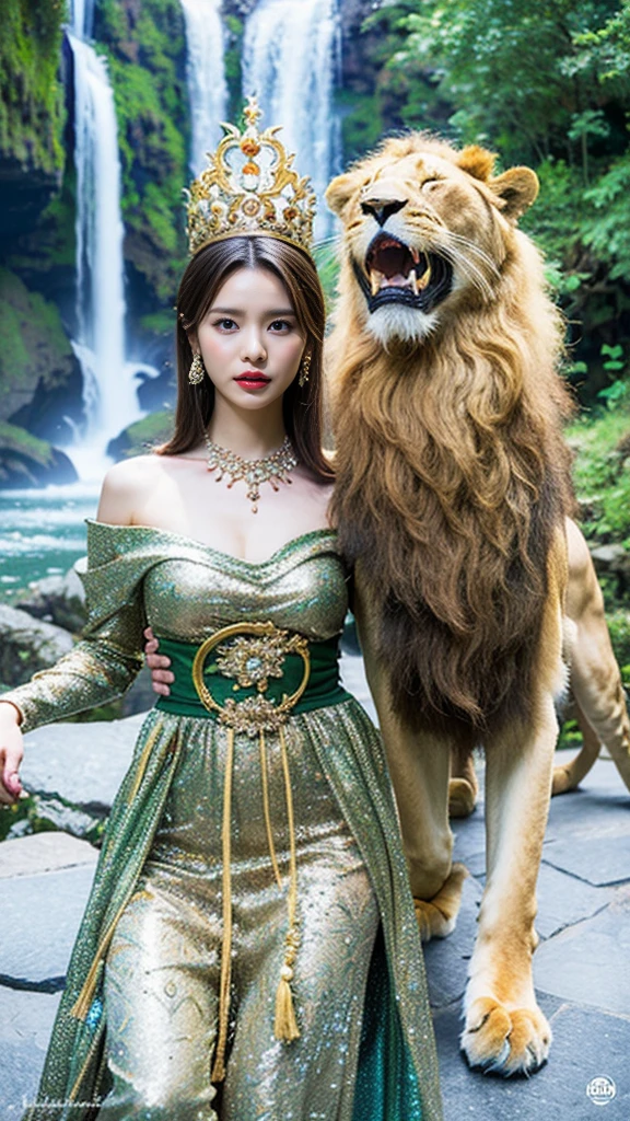 Arabian woman in dress with lion and waterfall, Beautiful fantasy art, very Beautiful fantasy art, Fantasy art style, Gorgeous Leo Goddess, Beautiful digital artwork, Be fascinated by the spirits of nature, Goddess of Nature, Breathtaking fantasy art, Goddess of Nature, Beautiful digital art, Beautiful and gorgeous digital art, Fantasy Beautiful, Beautiful fantasy paintings, Queen of Nature