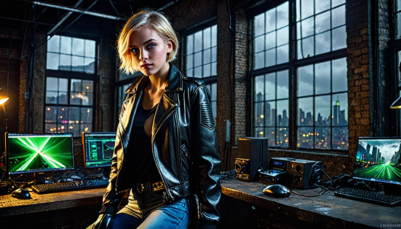 1girl, blonde hair, short hair, green eyes, glowing left eye, 21 years old, leather jacket, gloves, black gloves, jeans, boots, dark warehouse, 1 computer with three led monitors, window, city, detailed realistic portrait, cinematic lighting, dramatic contrast, moody atmosphere, high quality, highly detailed, sharp focus, photorealistic, hyperrealistic, dramatic lighting, intricate details, vivid colors, cinematic composition, high resolution, masterpiece