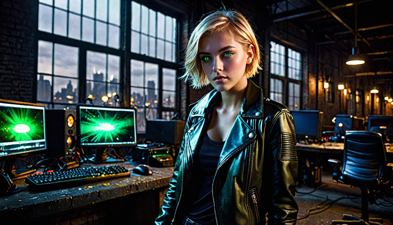 1girl, blonde hair, short hair, green eyes, glowing left eye, 21 years old, leather jacket, gloves, black gloves, jeans, boots, dark warehouse, 1 computer with three led monitors, window, city, detailed realistic portrait, cinematic lighting, dramatic contrast, moody atmosphere, high quality, highly detailed, sharp focus, photorealistic, hyperrealistic, dramatic lighting, intricate details, vivid colors, cinematic composition, high resolution, masterpiece