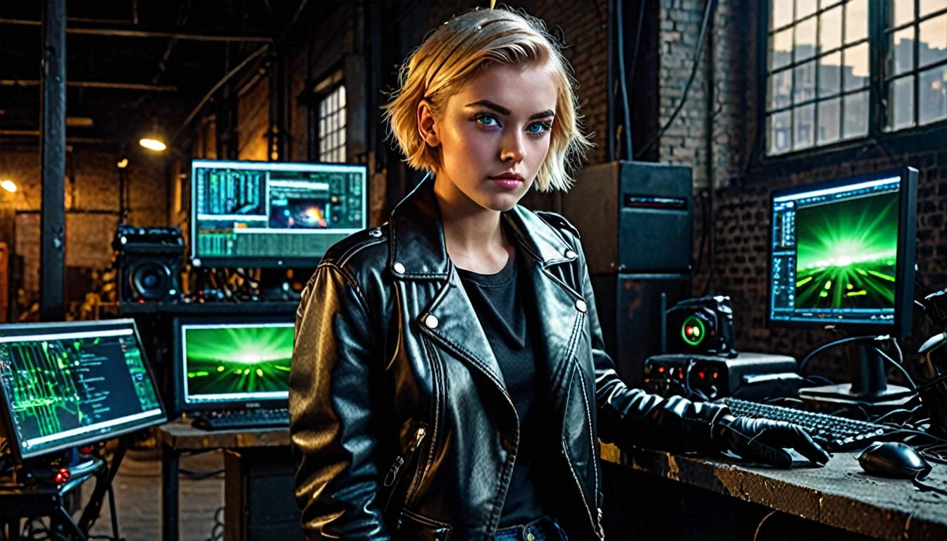 1girl, blonde hair, short hair, green eyes, glowing left eye, 21 years old, leather jacket, gloves, black gloves, jeans, boots, dark warehouse, 1 computer with three led monitors, window, city, detailed realistic portrait, cinematic lighting, dramatic contrast, moody atmosphere, high quality, highly detailed, sharp focus, photorealistic, hyperrealistic, dramatic lighting, intricate details, vivid colors, cinematic composition, high resolution, masterpiece
