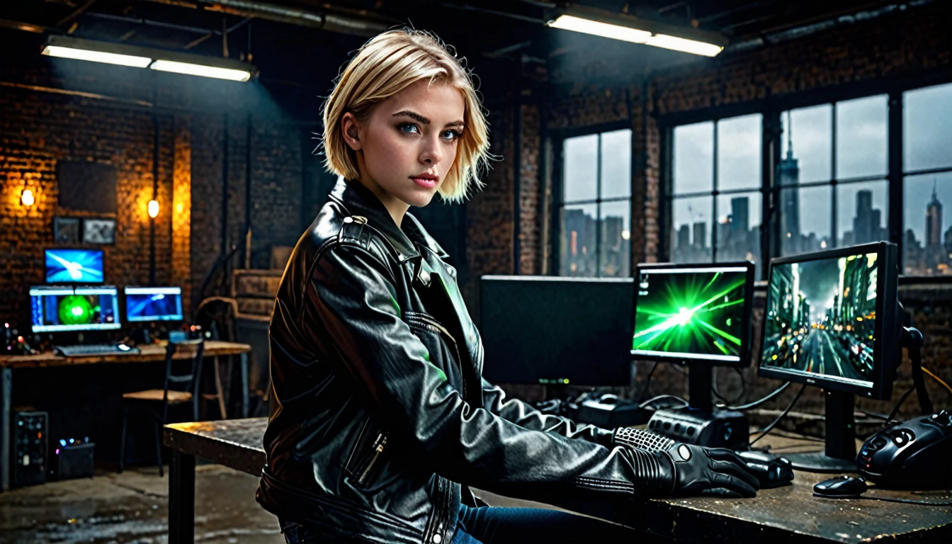 1girl, blonde hair, short hair, green eyes, glowing left eye, 21 years old, leather jacket, gloves, black gloves, jeans, boots, dark warehouse, 1 computer with three led monitors, window, city, detailed realistic portrait, cinematic lighting, dramatic contrast, moody atmosphere, high quality, highly detailed, sharp focus, photorealistic, hyperrealistic, dramatic lighting, intricate details, vivid colors, cinematic composition, high resolution, masterpiece