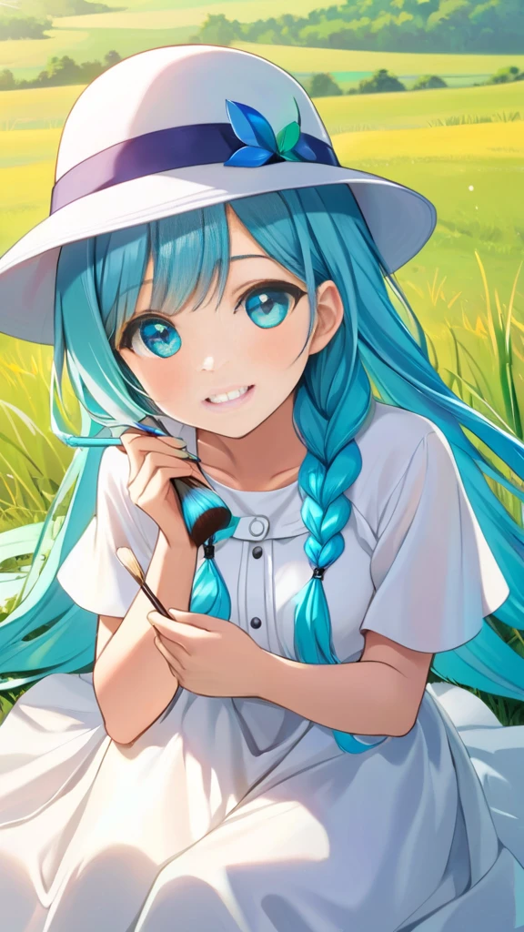 Female, mature, 25 years old girls, Beautiful, Humble, Kind, long hair upper waist Stright Braided Hairstyles, Aqua blue pupil eyes colour, bright cyan Hairs, wear coppola hat rainbow colours, white dress flowing with skirt, holding small brush sit on grass front smiling close mouth, Open grassland background in the morning. Anime style, vivid colours.