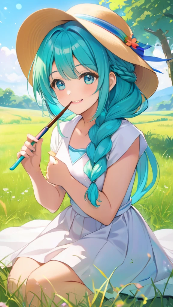 Female, mature, 25 years old girls, Beautiful, Humble, Kind, long hair upper waist Stright Braided Hairstyles, Aqua blue pupil eyes colour, bright cyan Hairs, wear coppola hat rainbow colours, white dress flowing with skirt, holding small brush sit on grass front smiling close mouth, Open grassland background in the morning. Anime style, vivid colours.