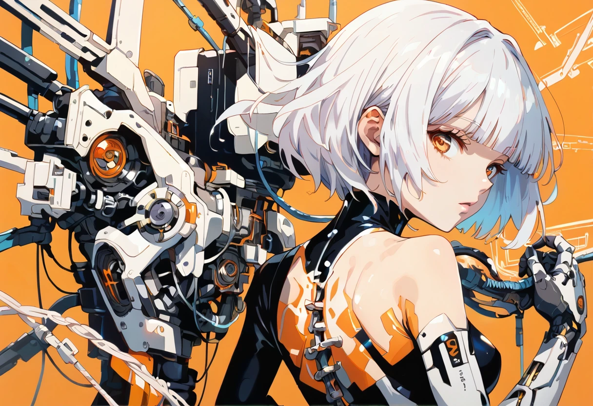 score_9, score_8_up, score_7_up, BREAK, 1girl, solo, breasts, looking at viewer, short hair, bangs, bare shoulders, medium breasts, upper body, white hair, looking back, blunt bangs, from behind, leotard, orange eyes, profile, back, science fiction, orange background, android, cable, cyborg, mechanical parts, spine