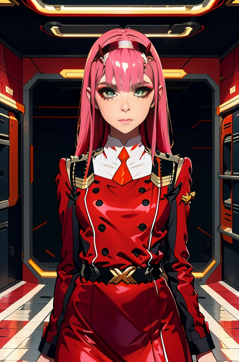 Zero-Two, Long straight and shiny pink hair, small white tiara with two small red horns, straight bangs cover the forehead, green eyes, mascara makeup, eyeshadow makeup, red military uniform with gold metal details on the shoulders, small story black with gold metal detail on the double buckle, white collar with small orange tie, six black buttons, three on each side on the front of the uniform, long red sleeves with black detail, , ((red skirt)), red skirt on top in black tight pants, inside a futuristic room with white neon lighting, teenagers in the background.