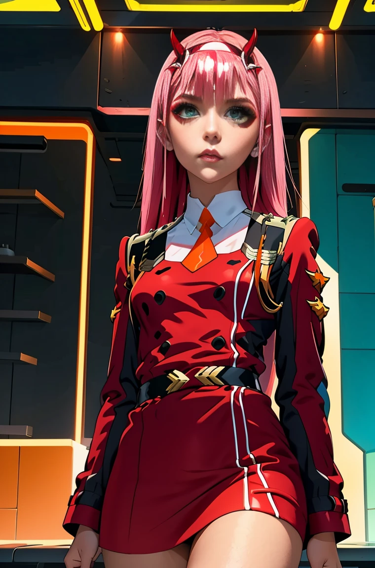 Zero-Two, Long straight and shiny pink hair, small white tiara with two small red horns, straight bangs cover the forehead, green eyes, mascara makeup, eyeshadow makeup, red military uniform with gold metal details on the shoulders, small story black with gold metal detail on the double buckle, white collar with small orange tie, six black buttons, three on each side on the front of the uniform, long red sleeves with black detail, , ((red skirt)), red skirt on top in black tight pants, inside a futuristic room with white neon lighting, teenagers in the background.