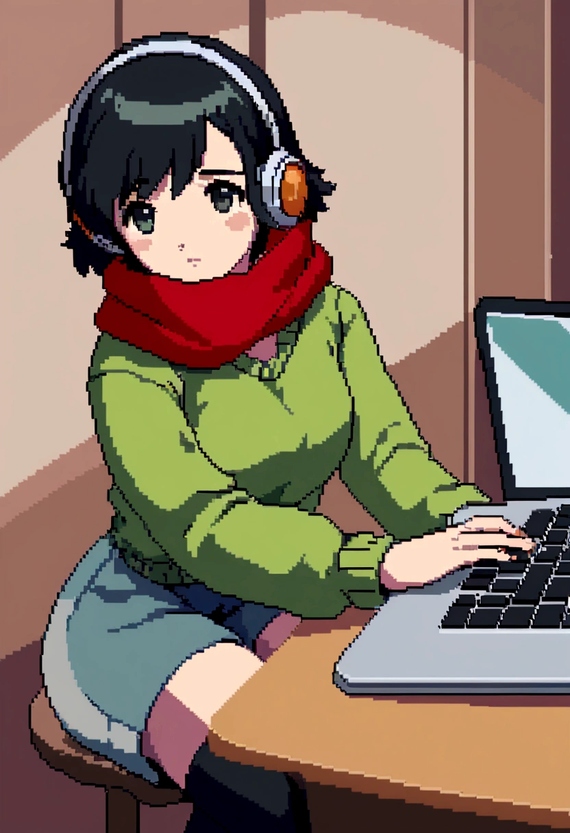 Pixel Art,Highest quality, masterpiece, Ultra-high resolution, Very detailed, Anime girl sitting at a desk with a laptop and headphones, body, Light Green Sweater, Black shorts, Red scarf with black stripes, Black Hair, Cute eyes, digital Anime illustration, Keyframe illustration, Gwaites style artwork, makoto shinkai'Art Style, Portrait of Rofi, Digital anime art, makoto shinkai style, Lo-fi Girl, Sit at a desk and type on a keyboard, Anime-style illustrations, ロフィArt Style, Anime illustration