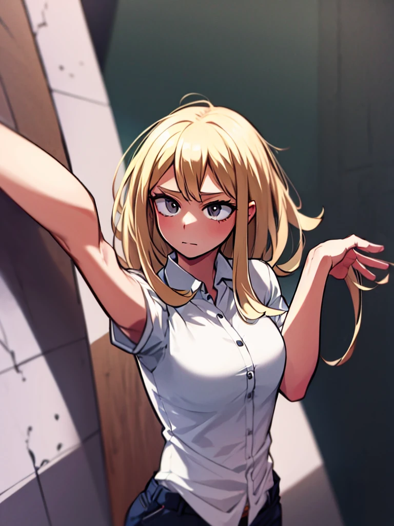 ((best quality)), ((masterpiece)), (detailed), perfect face, perfect anatomy, arms behind head, sweaty armpits, ((sweating)), sexy, blonde hair,
short hair