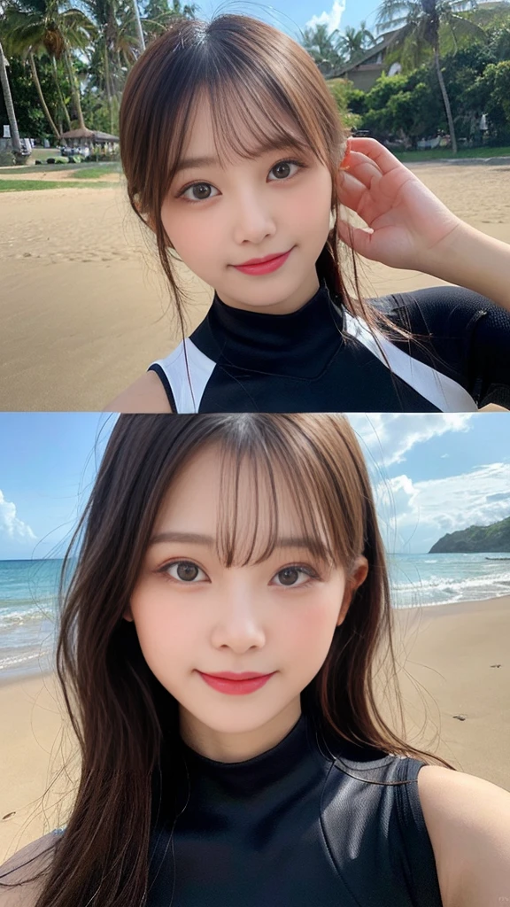 Highest quality, shape, Very detailed, finely, High resolution, 8k wallpaper, Perfect dynamic composition, Beautiful and detailed, Straight hair, Small breasts, Natural color lip, Random sexy poses,smile,20-year-old girl、Beautiful and elaborate face、Perfect and beautiful face,Big eyes、RAW Photos、Expressing feminine poses with the whole body、Beautiful and detailed、Small face、Beautiful Duplex、Slim face and figure,Bright expression,Shooting with a focus on beautiful legs,surfing、Wearing a wetsuit、Indonesia、Bali、Beach shoot