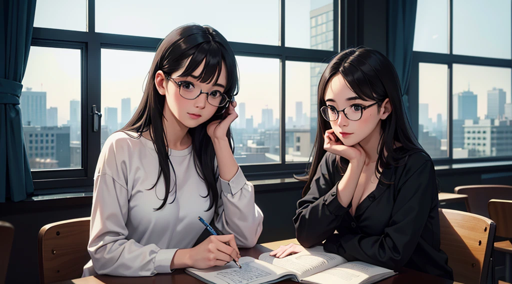 A beautiful female college student, By the window, movie theater screen, high rise cafe, detailed café, window leading to white desk, high place,  overlooking, notebook, holding a pen and a mug in hand, glasses, black hair, midsummer loungewear, intellectual atmosphere, lighting, knowledge, scholarship, study tools, enthusiasm, background bookshelf, cinematic lighting, Sony FE GM, masterpiece, top quality, 4K, academic atmosphere, (masterpiece), (best quality), ultra-high res, sharp focus, beautiful detailed hair