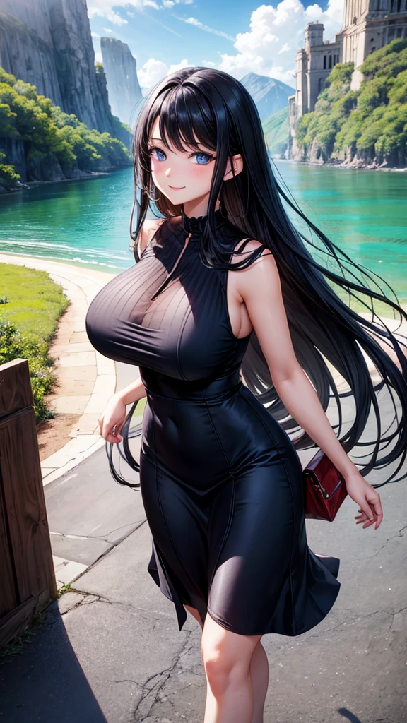 1 girl, huge breasts, Wide thighs, long black hair, blue eyes, perfect face, perfect body, open dresses, sleeveless dresses, walking, smiling, red cheeks