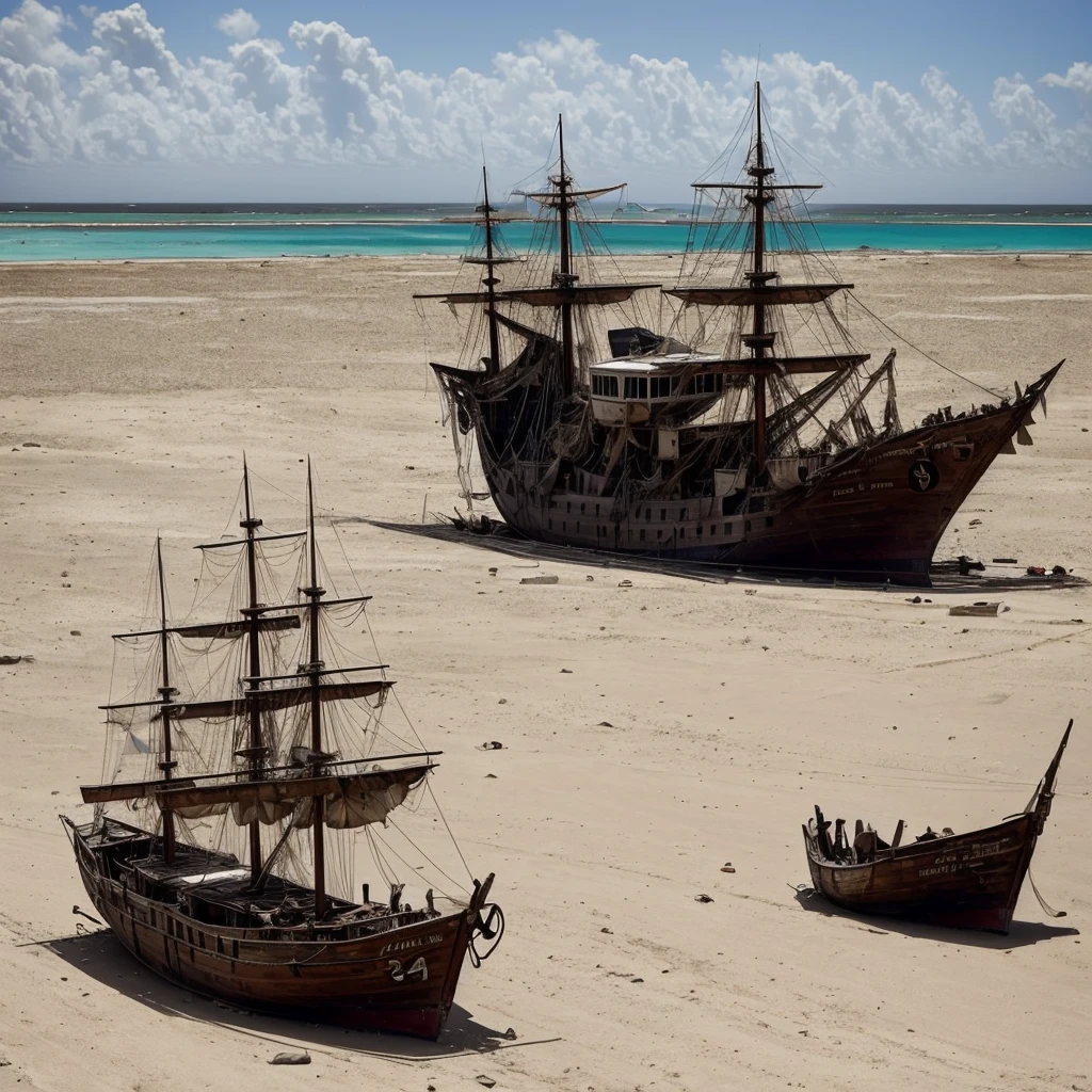 The sun beats down on the parched, windswept sand of a desolate desert island, the air shimmering with heat. A lone, weather-beaten pirate ship, its sails tattered and ripped, lies beached on the shore, its once-proud figure now a testament to the fury of a recent Caribbean storm. The remnants of the crew, their faces etched with exhaustion and fear, huddle together in the shadow of the ship, their hopes fading with each passing moment.