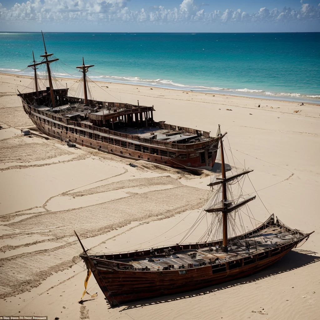 The sun beats down on the parched, windswept sand of a desolate desert island, the air shimmering with heat. A lone, weather-beaten pirate ship, its sails tattered and ripped, lies beached on the shore, its once-proud figure now a testament to the fury of a recent Caribbean storm. The remnants of the crew, their faces etched with exhaustion and fear, huddle together in the shadow of the ship, their hopes fading with each passing moment.