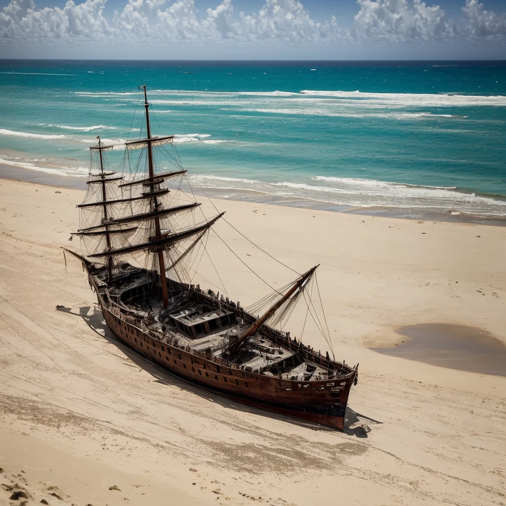 The sun beats down on the parched, windswept sand of a desolate desert island, the air shimmering with heat. A lone, weather-beaten pirate ship, its sails tattered and ripped, lies beached on the shore, its once-proud figure now a testament to the fury of a recent Caribbean storm. The remnants of the crew, their faces etched with exhaustion and fear, huddle together in the shadow of the ship, their hopes fading with each passing moment.