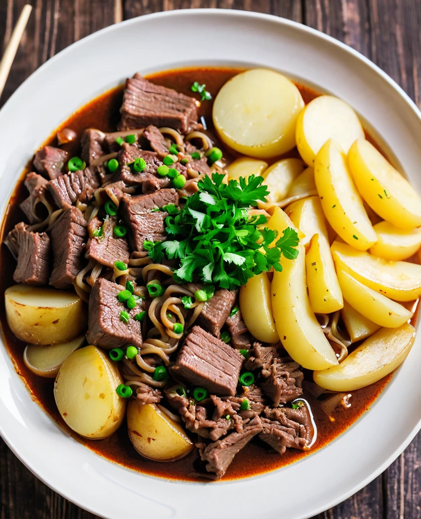 A plate of stewed beef noodles with potatoes