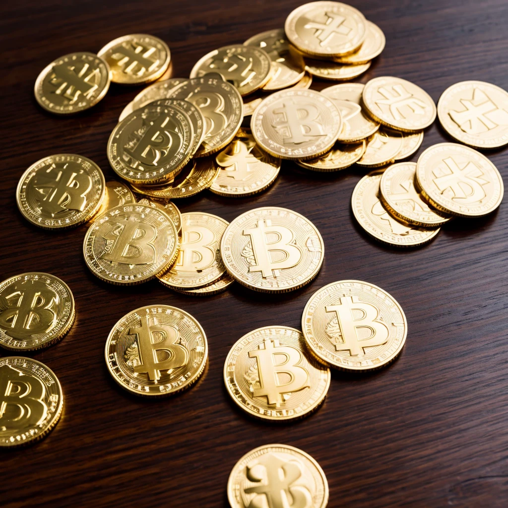pile of gold coin on the table,The background is a wooden table, real picture, complicated details, serious, Zoom coin, from above