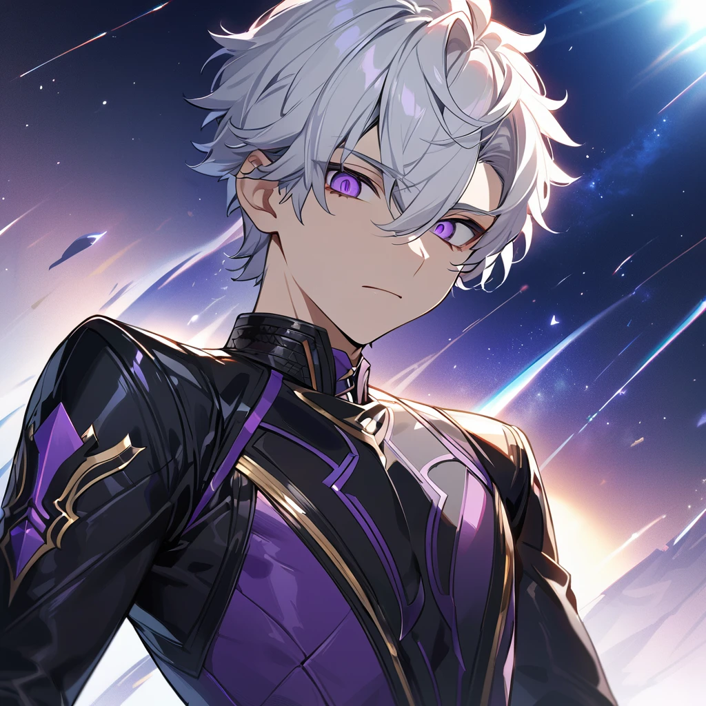 High quality, HD, 4k, handsome male, 1male, , teenager, go lining, short white hair, sharp eyes, dark purple eyes, deep purple eyes, devil may cry, close up, calm expression, stoic expression, black leather clothes, lean body, upper body, looking at viewer, cowboy shot, white solar, space background