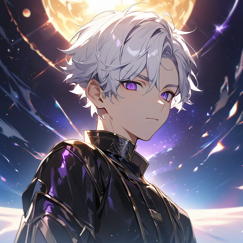 High quality, HD, 4k, handsome male, 1male, , teenager, golden lining, short white hair, sharp eyes, dark purple eyes, deep purple eyes, devil may cry, close up, calm expression, stoic expression, black leather clothes, lean body, upper body, looking at viewer, cowboy shot, white solar, space background