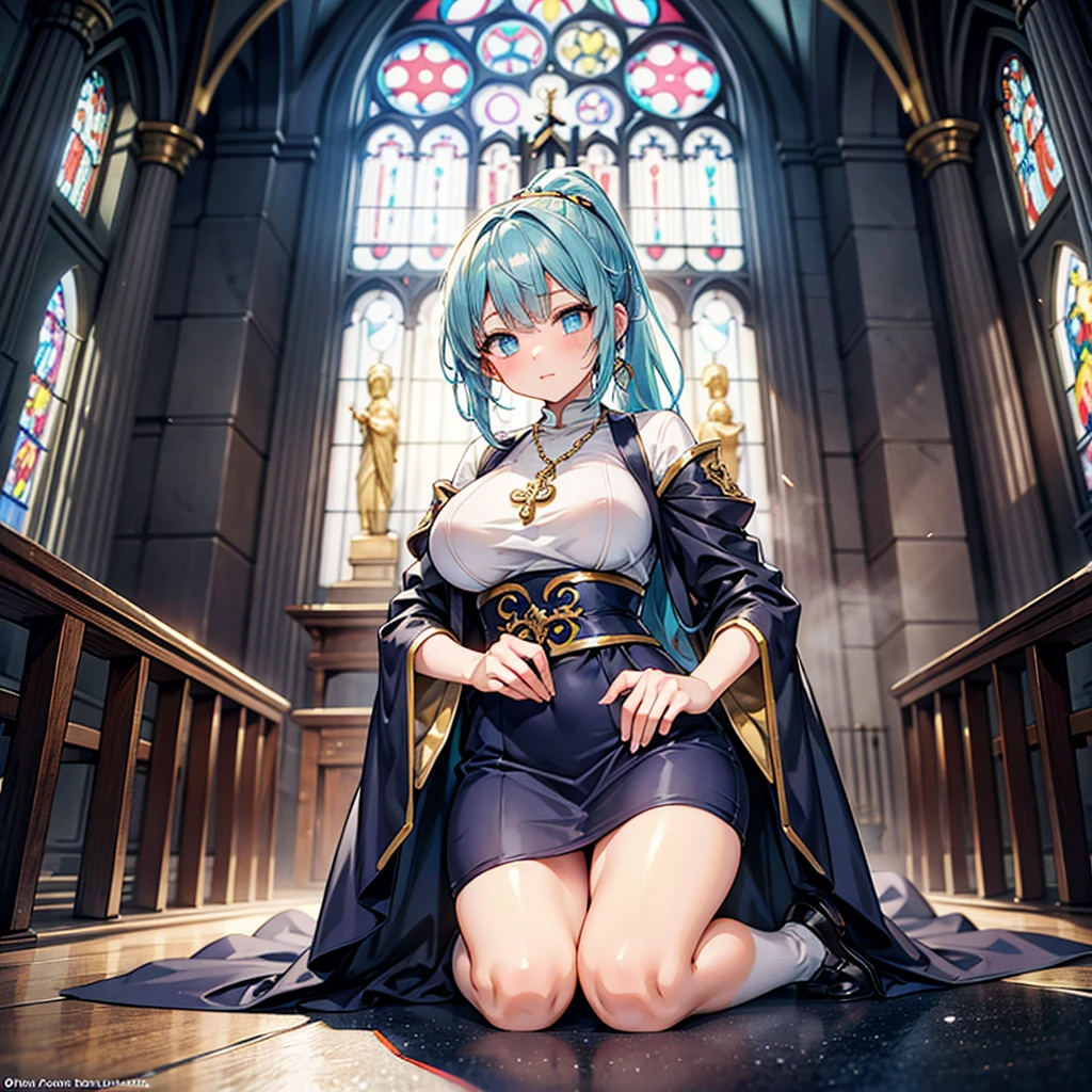 Anime Moe Art Style,Highest quality,High resolution,Anatomically correct,One Girl,Mid-s,A girl with light blue hair in a ponytail,Super detailed,Fantasy World,Sister,Monastic Clothes,Big Breasts,Shiny skin,Beautiful Skin,A rich expression,church,Clasping hands,Kneeling and Praying,Eyes drawn in detail,Gold Rosary,8K