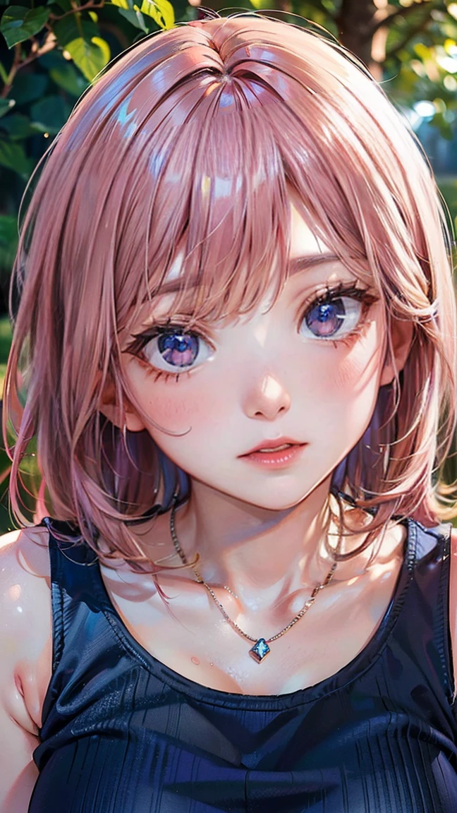 (Masterpiece, BestQuality:1.3), (ultra detailed:1.2), (hyperrealistic:1.3), (RAW photo:1.2), High detail RAW color photo, professional photograph, (Photorealistic:1.4), (realistic:1.4), professional lighting, perfect anatomy, (:1.2), (blush, detailed face), (cheerful Smile:1.5), Trending Hair&Trending Hairカラーをランダムに, earrings, necklace, bracelet, sexy, erotiexy, Rsexy grre poses, (Beiful woman wearing a blue tank top and shorts。The background is a campsite。The expression is a cheerful smile。Her hair is short and straight with pink hair.。:1.3)