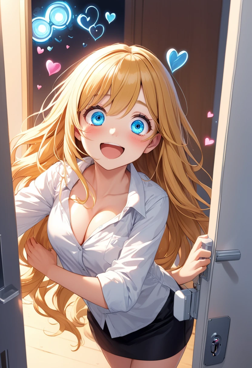 detailed illustration, dynamic angle, ultra-detailed, illustration, 1girl, 18 year old, school girl, wavy long blonde hair, long hair, bright robotic blue eyes, hearts, white shirt, black mini skirt, cleavage, flush, blush, arousal, wide eyes, happy, smiling, seductive, touching chest, open mouth, happy, eager, delighted, flushed, glowing hair, glowing eyes, glowing body, front door, outside, open door