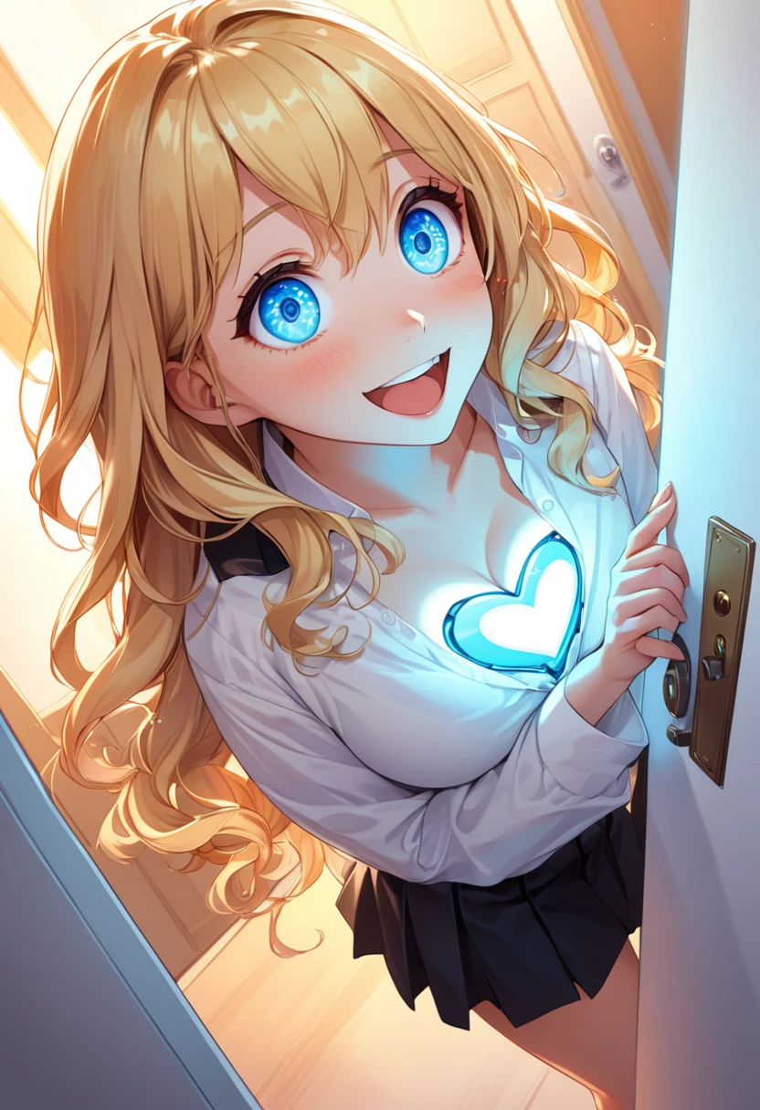 detailed illustration, dynamic angle, ultra-detailed, illustration, 1girl, 18 year old, school girl, wavy long blonde hair, long hair, bright robotic blue eyes, hearts, white shirt, black mini skirt, cleavage, flush, blush, arousal, wide eyes, happy, smiling, seductive, touching chest, open mouth, happy, eager, delighted, flushed, glowing hair, glowing eyes, glowing body, front door, outside, open door