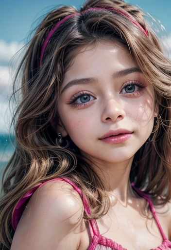 Karol sevilla, imagen ultrarealista de alta calidad de una adolesente. 12 years. (Cuerpo completo). La adolesente tiene un Rostro hermoso, labios rosas, small breasts, senos visibles, vagina visible. La adolesente esta parada de frente, mirando al espectador, sonrisa hermosa, maquillaje perfecto