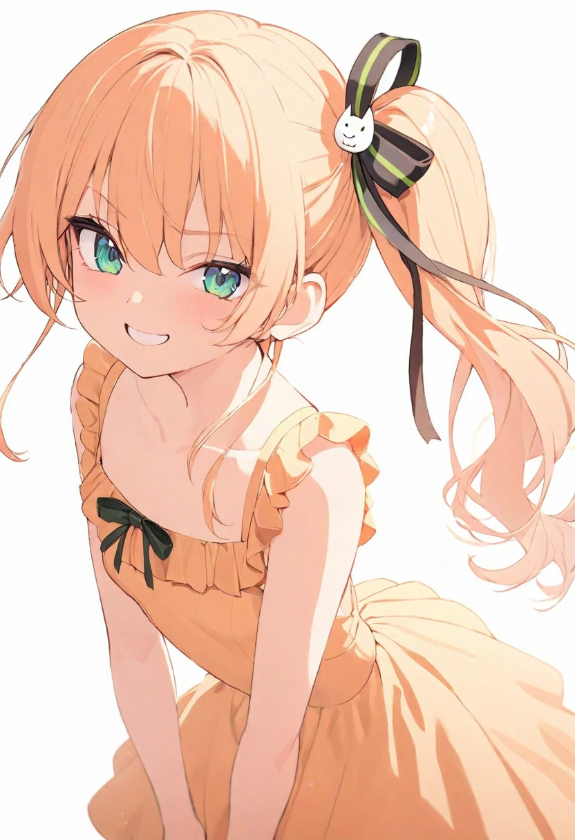(masterpiece), (best quality), perfect face, beautiful girl, white background background, delicate and beautiful face and eyes, dark intense shadow, 
1 girl, vtuber style, cool girl, hololive, Natsuiro Matsuri, one side up Ponytail, light orange evening dress, Ruffles dress, small chest, cropped shoulders, clavicle, winking, smile, body visible through clothes, chest visible through clothes, ass visible through thighs, High heel, (full body), looking at viewer, standing, 