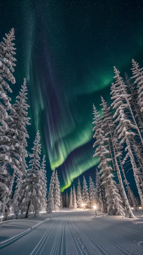 Create an ultra-realistic image of a nighttime Lapland landscape with abundant snow. Its a dark night, The conifers are frozen and covered in white. A small village is illuminated, creating a warm atmosphere in the midst of this winter scene. An aurora borealis lights up the sky, a super big moon is in the sky, adding a magical touch to the scene. The image should evoke serenity and calm. The photo should be taken with a Panasonic Lumix S5 II, with perfect brightness and contrast, worthy of winning a photography award