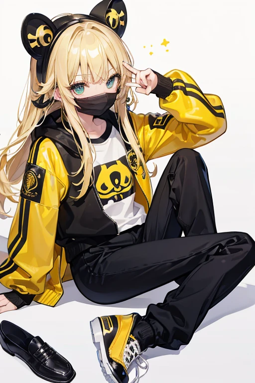 Chico, ojos dorados, mirada tranquila y serena, chaqueta amarilla, camisa negra, zapatos blancos, black pants, gold metallic face mask, cabello dorado alborotado