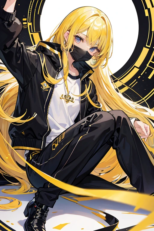 Chico, ojos dorados, mirada tranquila y serena, chaqueta amarilla, camisa negra, zapatos blancos, black pants, gold metallic face mask, cabello dorado alborotado