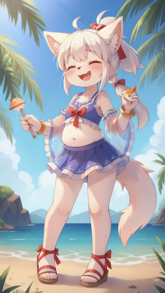 closed eyes, furry, solo, white fur, happy, jewelry, animal ears, animal nose, tail, holding, bracelet, full body, 1girl, blue frilly tank top, midriff, frilly mini skirt, standing, smile, fang, blush, white hair, furry female, see-through, open mouth, body fur, sandals, food, ^ ^, arm up, sidelocks, innertube, holding food, ponytail, dog tail, skewer, water, border, hair ornament, dog ears, hand up, skin fang, :3, ribbon, dog girl, red ribbon, two-tone fur, topknot, holding innertube, see-through sleeves, bangs,  star \(symbol\), chubby,