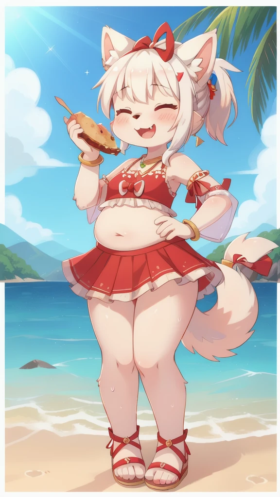 closed eyes, furry, solo, white fur, happy, jewelry, animal ears, animal nose, tail, holding, bracelet, full body, 1girl, blue frilly tank top, midriff, frilly mini skirt, standing, smile, fang, blush, white hair, furry female, see-through, open mouth, body fur, sandals, food, ^ ^, arm up, sidelocks, innertube, holding food, ponytail, dog tail, skewer, water, border, hair ornament, dog ears, hand up, skin fang, :3, ribbon, dog girl, red ribbon, two-tone fur, topknot, holding innertube, see-through sleeves, bangs, star \(symbol\), chubby,