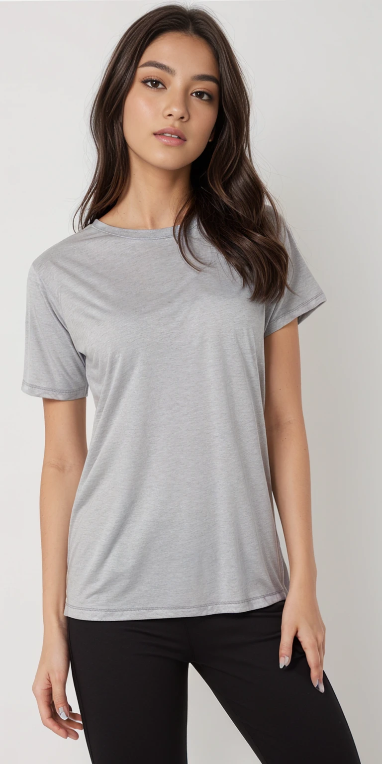 a woman wearing a grey camiseta and black pants, camisa cinza, em fundo cinza, wearing a camiseta, manga curta, detailed Imagem do Produto, foto do produto, Minimal clothing, camiseta, camiseta, official foto do produto, cinza claro, em um fundo cinza, roupas cinza, foto completa do produto, Imagem do Produto, centre image, solid gray